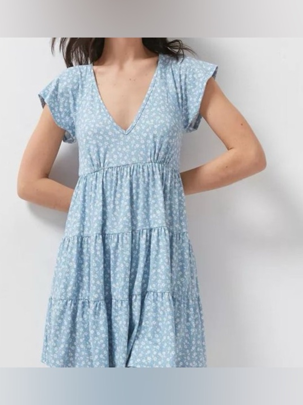 Urban outfitters Light Blue Floral Tiered V-Neck Women's Dress